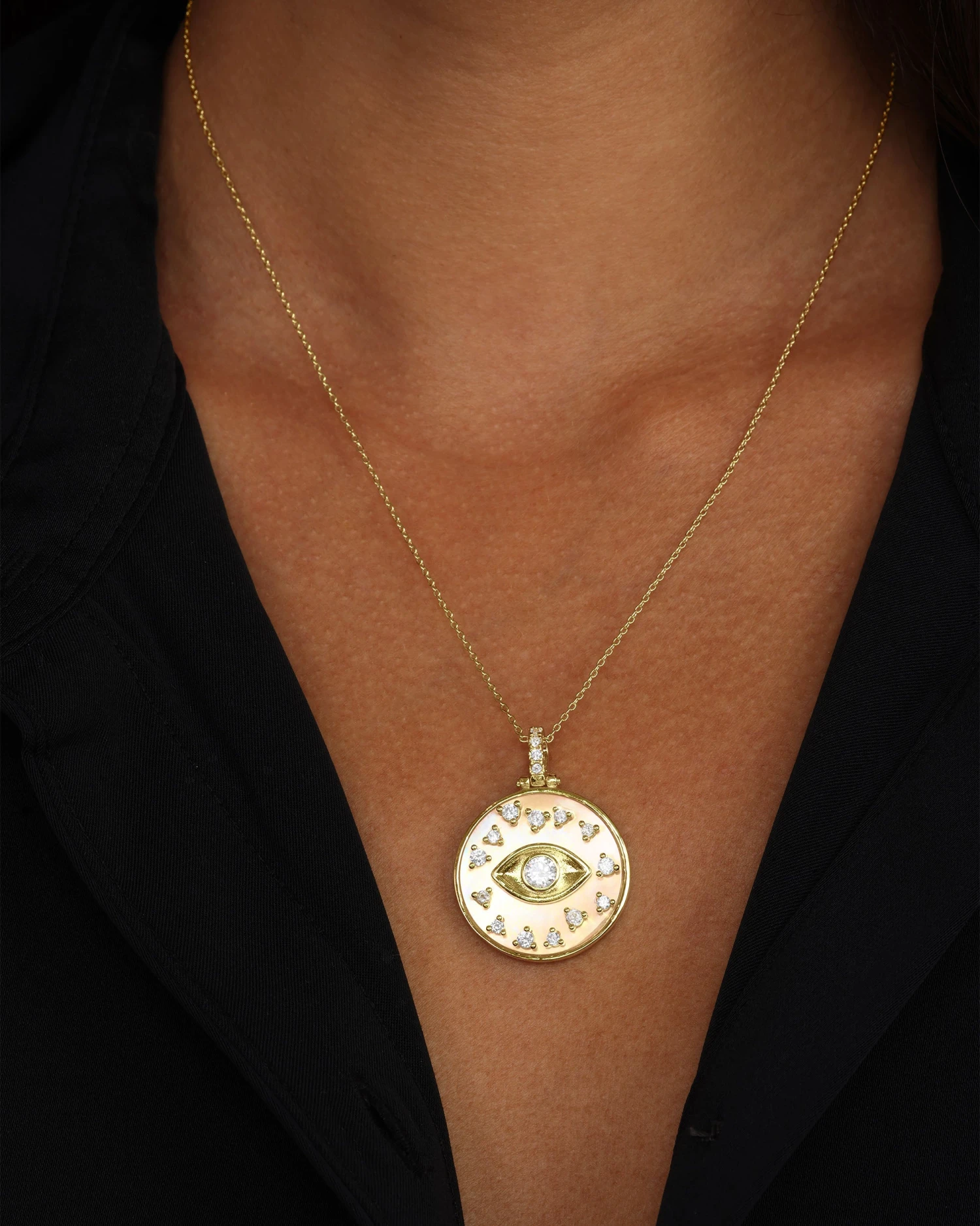 Evil Eye Medallion Necklace - Gold|White Diamondettes 6 Evil Eye Medallion Necklace - Gold|White Diamondettes - Image 4