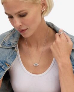 Black Evil Eye Necklace - Silver|Black Diamondettes -Melinda Maria BlackEvilEyeNecklace N6374 S BLK E V2