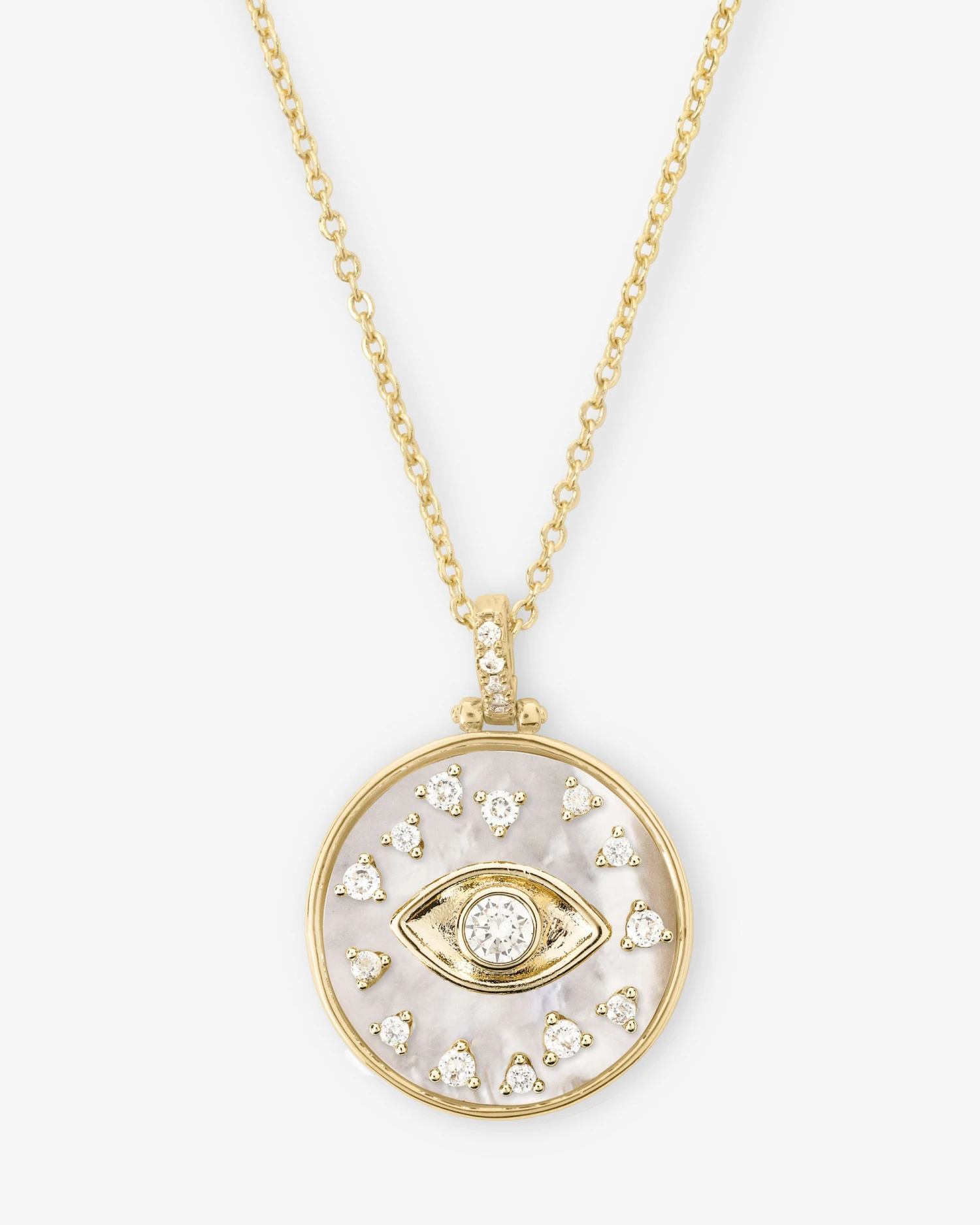 Evil Eye Medallion Necklace - Gold|White Diamondettes 3 Evil Eye Medallion Necklace - Gold|White Diamondettes