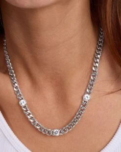 Julian Triple Diamond Necklace - Silver|White Diamondettes -Melinda Maria JulianTripleDiamondCubanChainNecklace 16 N6363 S E V1