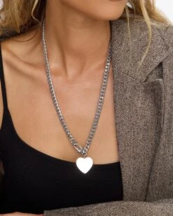 Julian XL Heart Cuban Chain Necklace - Silver -Melinda Maria JulianXLHeartCubanChainNecklace N6359 S 22 E 3