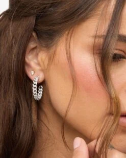 Pavé Julian Chain Hoops 1" - Silver|White Diamondettes -Melinda Maria PaveJulianChainHoops1 E7157 S WTCZ E 1382