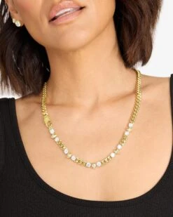 Ride Or Die Cuban Chain Necklace - Gold|White Diamondettes -Melinda Maria RideorDieCubanChainNecklace N6410 G WTCZ22 3573