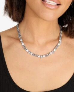 Ride Or Die Cuban Chain Necklace - Silver|White Diamondettes -Melinda Maria RideorDieCubanChainNecklace N6410 S WTCZ18 3606