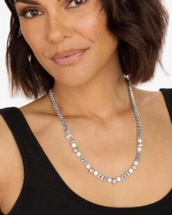 Ride Or Die Cuban Chain Necklace - Silver|White Diamondettes -Melinda Maria RideorDieCubanChainNecklace N6410 S WTCZ22 3701