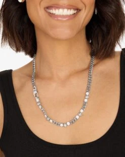 Ride Or Die Cuban Chain Necklace - Silver|White Diamondettes -Melinda Maria RideorDieCubanChainNecklace N6410 S WTCZ22 3703