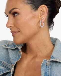 She's An Icon Hoops 1" - Silver|White Diamondettes -Melinda Maria She sAnIconHoops1 E7148 S WTCZ2365 V2